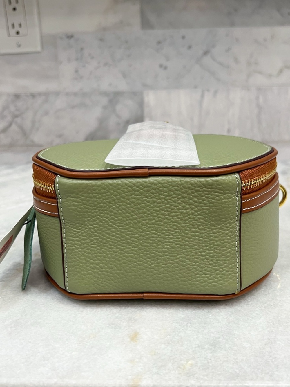 Genuine Pebbled Leather Olive and Tan Round Zippered Crossbody Bag - Picture 12 of 12